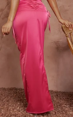 Hot Pink Satin Ruched Maxi Skirt