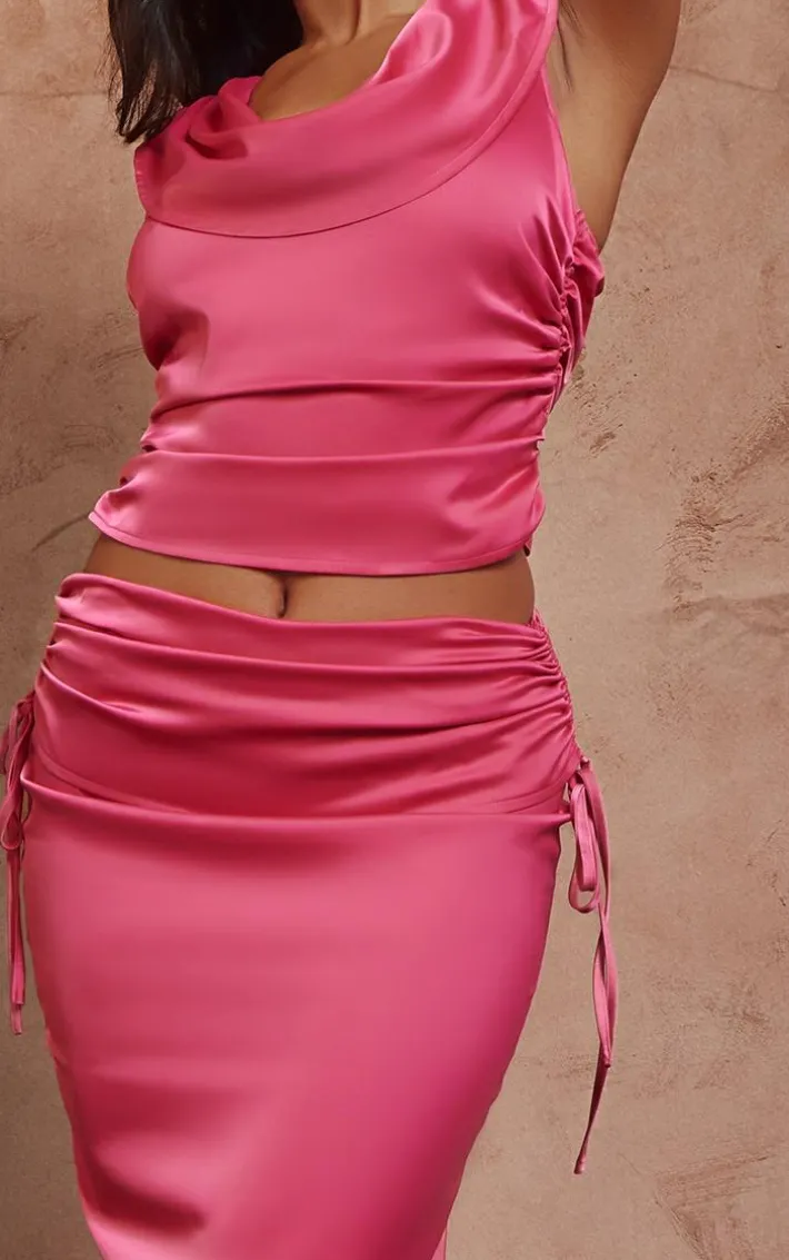 Hot Pink Satin Ruched Maxi Skirt