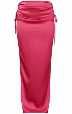 Hot Pink Satin Ruched Maxi Skirt