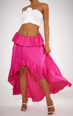 Hot Pink Satin Waterfall Front Maxi Skirt