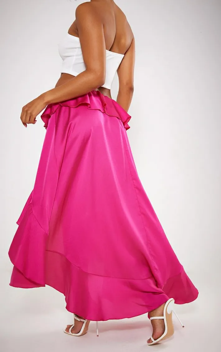 Hot Pink Satin Waterfall Front Maxi Skirt