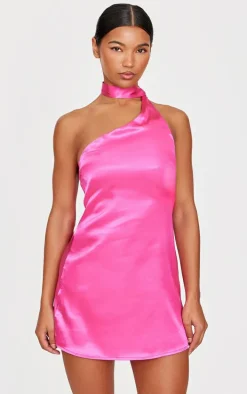 Hot Pink Scarf Detail Satin Shift Dress