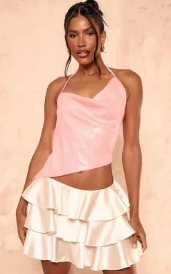 Hot Pink Sequin Cowl Halter Crop Top