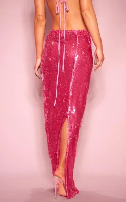 Hot Pink Sheer Sequin High Waist Maxi Skirt