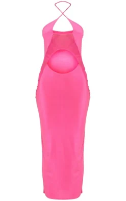 Hot Pink Slinky Cut Out Mesh Cup Halter Detail Maxi Dress