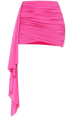 Hot Pink Slinky Draped Ruched Mini Skirt