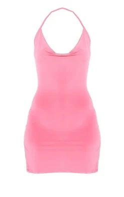 Hot Pink Slinky Halterneck Cowl Bodycon Dress
