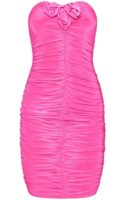 Hot Pink Slinky Rosette Detail Bandeau Ruched Bodycon Dress