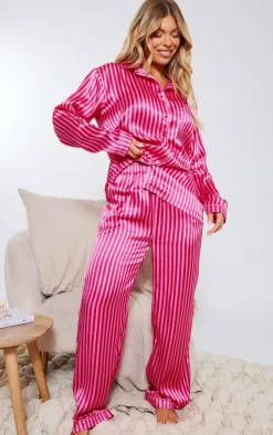 Hot Pink Stripe Print Satin Long PJ Set