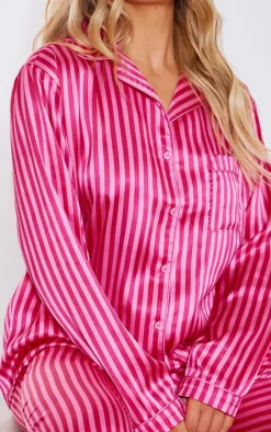 Hot Pink Stripe Print Satin Long PJ Set
