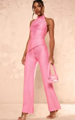 Hot Pink Textured Jersey Halterneck Asymmetric Hem Longline Top