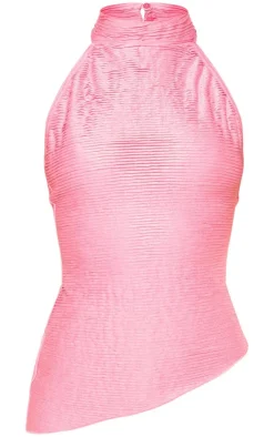 Hot Pink Textured Jersey Halterneck Asymmetric Hem Longline Top