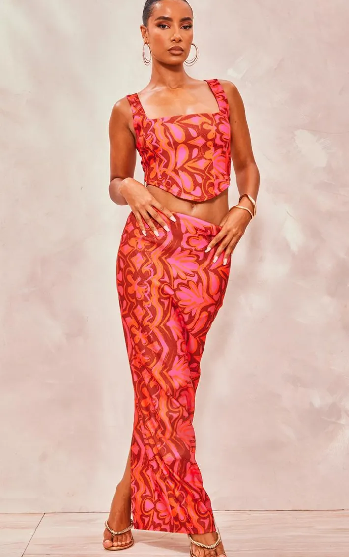 Hot Pink Tile Print Stretch Woven Low Rise Midaxi Skirt