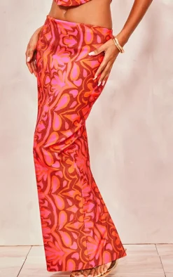 Hot Pink Tile Print Stretch Woven Low Rise Midaxi Skirt