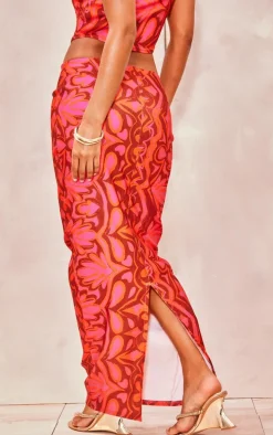 Hot Pink Tile Print Stretch Woven Low Rise Midaxi Skirt