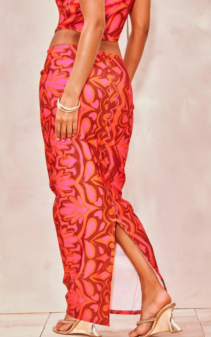 Hot Pink Tile Print Stretch Woven Low Rise Midaxi Skirt