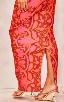Hot Pink Tile Print Stretch Woven Low Rise Midaxi Skirt