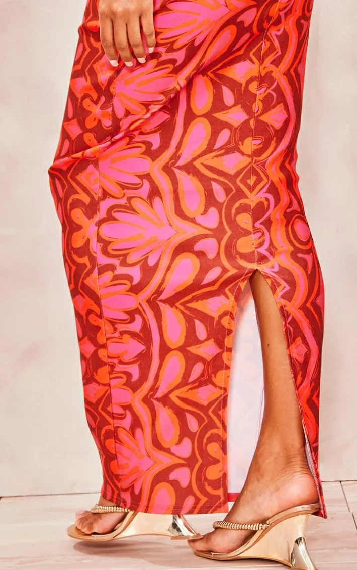 Hot Pink Tile Print Stretch Woven Low Rise Midaxi Skirt