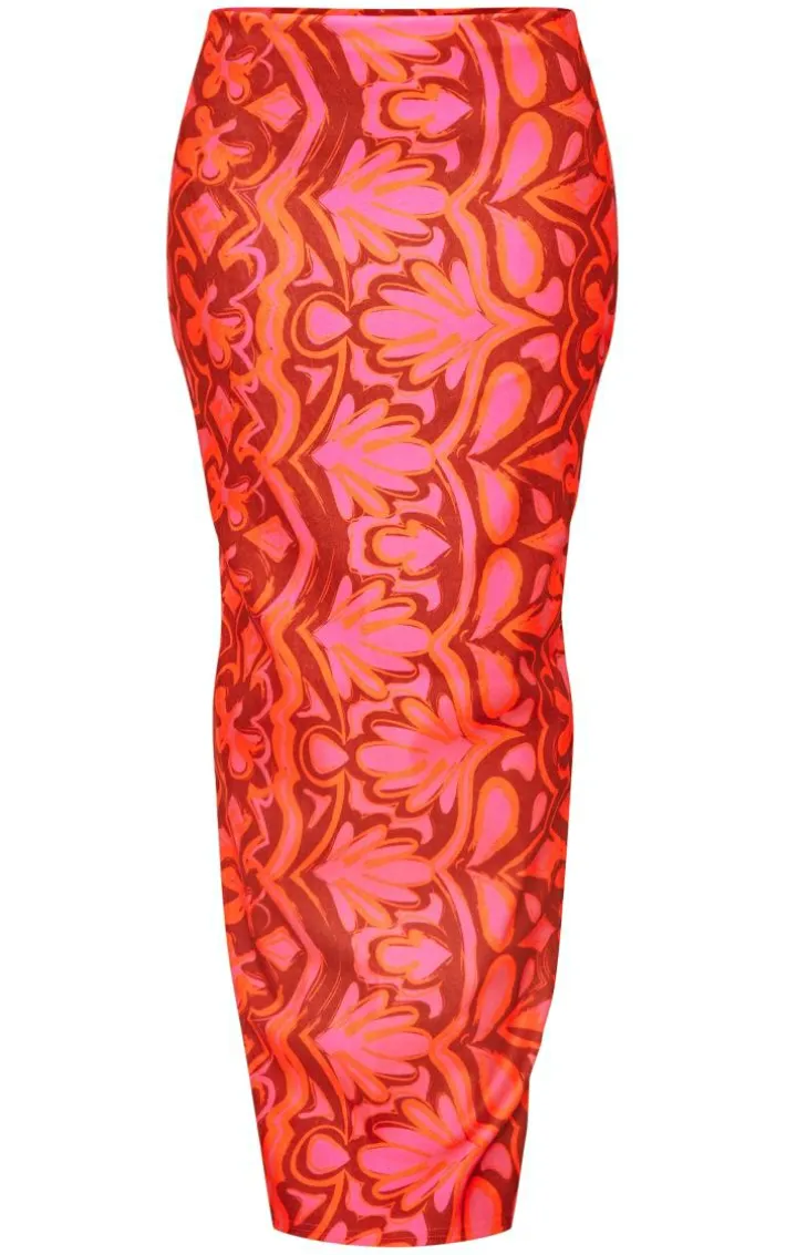 Hot Pink Tile Print Stretch Woven Low Rise Midaxi Skirt