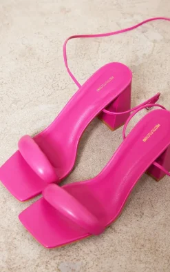 Hot Pink Wide Fit PU Square Toe Quilted Low Block Heeled Sandals