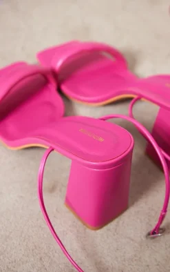 Hot Pink Wide Fit PU Square Toe Quilted Low Block Heeled Sandals