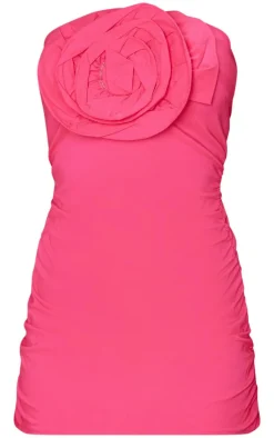 Hot Pink Woven Flower Applique Bandeau Bodycon Dress