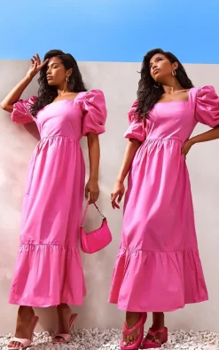 Hot Pink Woven Puff Sleeve Square Neck Midaxi Dress