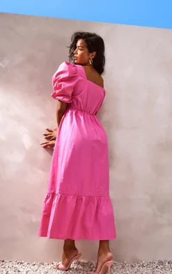 Hot Pink Woven Puff Sleeve Square Neck Midaxi Dress