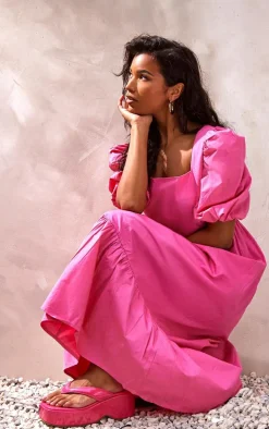 Hot Pink Woven Puff Sleeve Square Neck Midaxi Dress