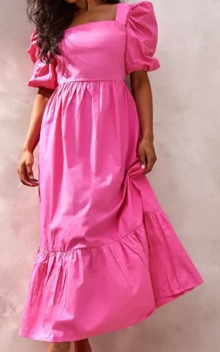 Hot Pink Woven Puff Sleeve Square Neck Midaxi Dress
