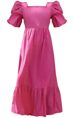 Hot Pink Woven Puff Sleeve Square Neck Midaxi Dress