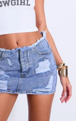 Ice Blue Acid Wash Distressed Patch Denim Mini Skirt