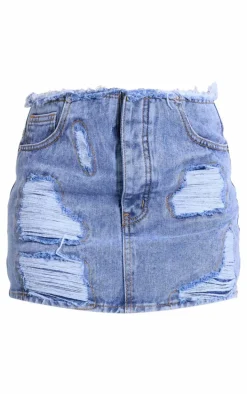 Ice Blue Acid Wash Distressed Patch Denim Mini Skirt
