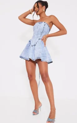 Ice Blue Lace Up Corset Style Back Denim Puffball Dress