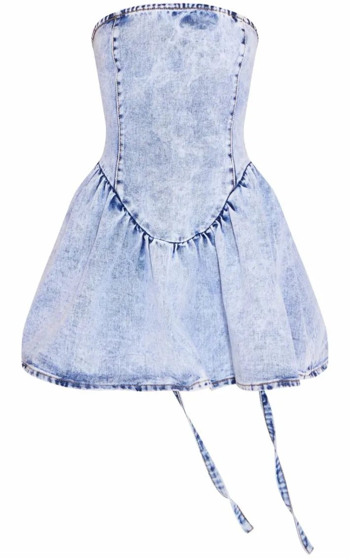 Ice Blue Lace Up Corset Style Back Denim Puffball Dress