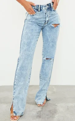Ice Blue Ripped Split Hem Jeans