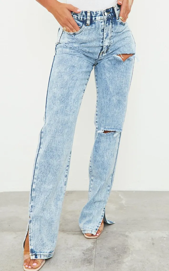 Ice Blue Ripped Split Hem Jeans