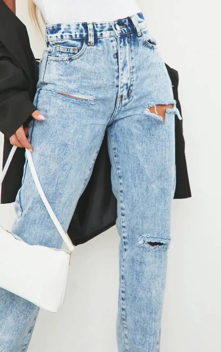 Ice Blue Ripped Split Hem Jeans