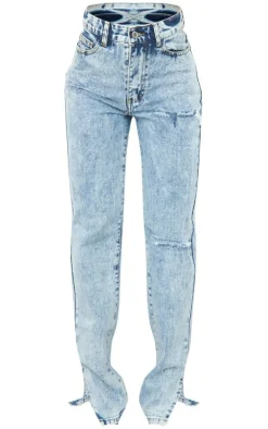 Ice Blue Ripped Split Hem Jeans