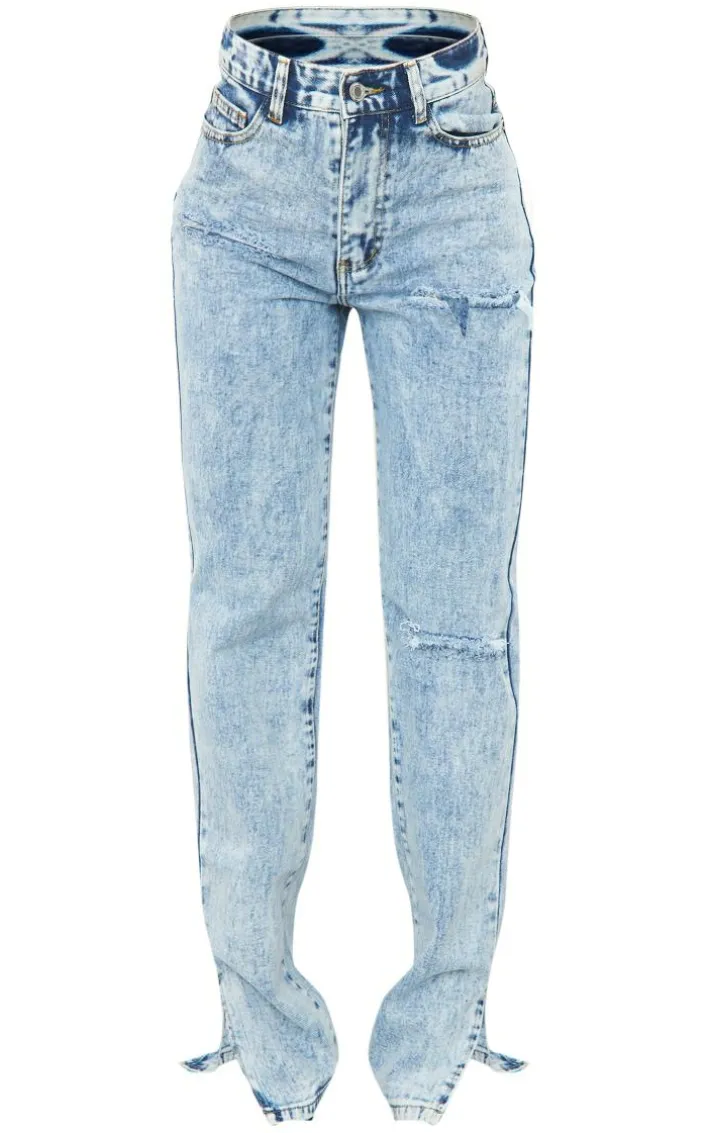 Ice Blue Ripped Split Hem Jeans