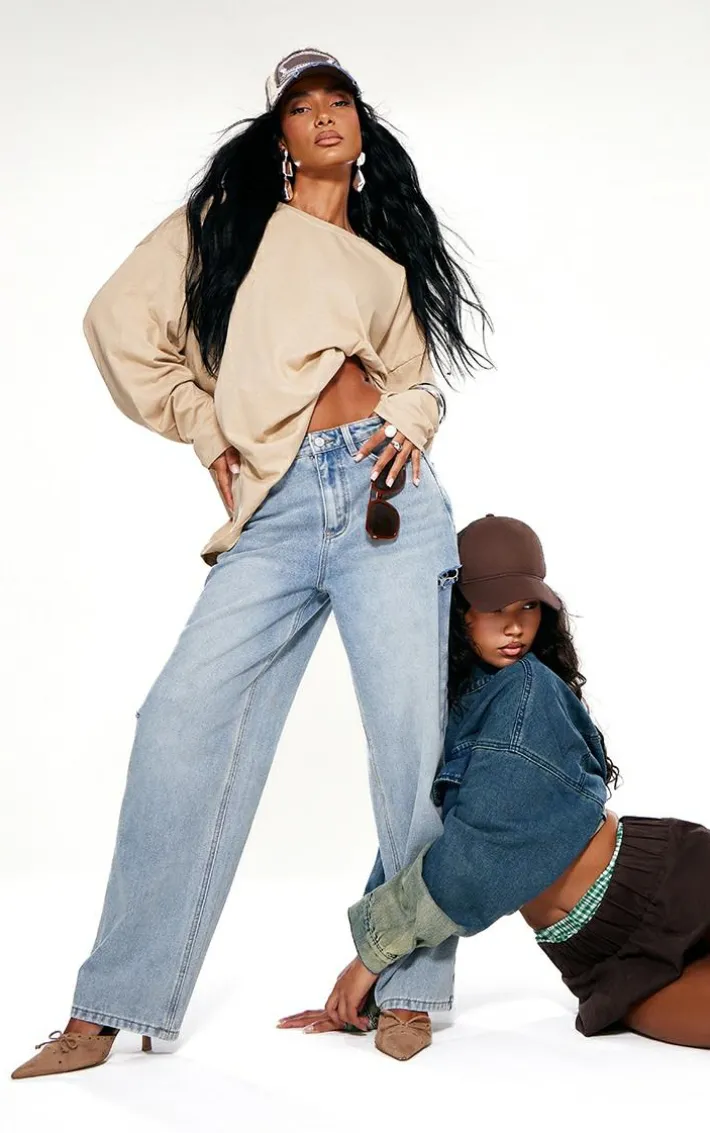 Ice Blue Split Cut Out Denim Boyfriend Jeans