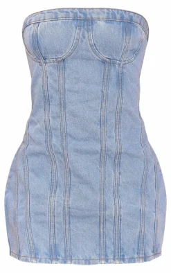 Ice Blue Strapless Corset Seam Denim Bodycon Dress
