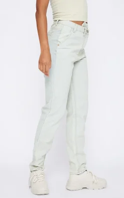 Ice Blue Vintage Wash Asymmetric Waistband Long Straight Leg Jeans
