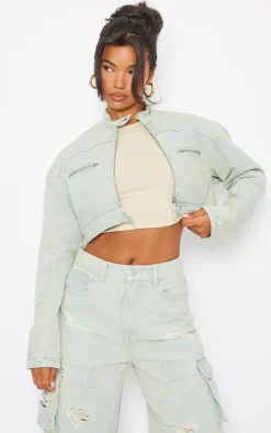 Ice Blue Vintage Wash Biker Detail Cropped Denim Jacket