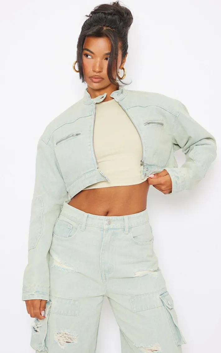 Ice Blue Vintage Wash Biker Detail Cropped Denim Jacket