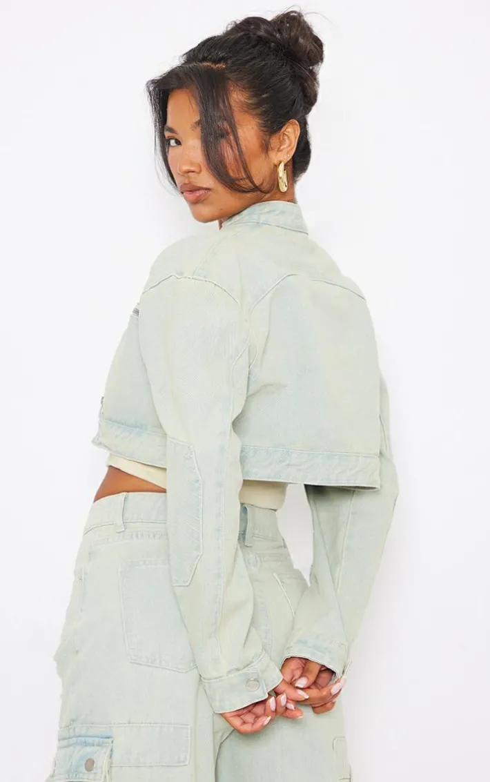 Ice Blue Vintage Wash Biker Detail Cropped Denim Jacket