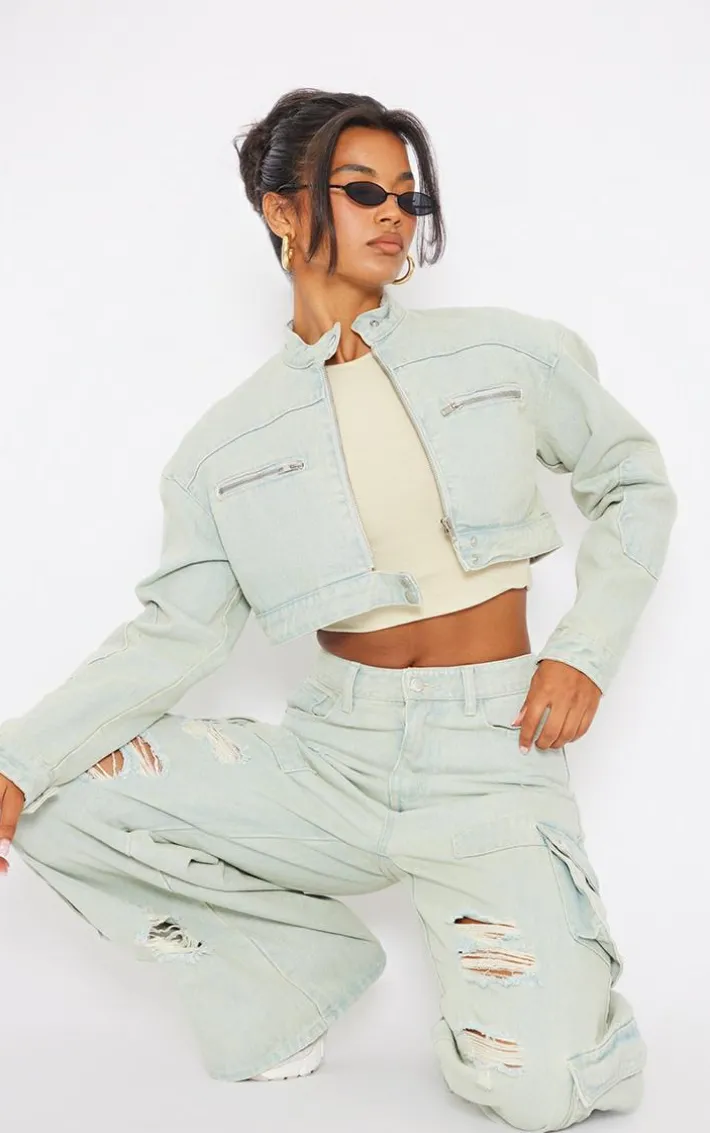 Ice Blue Vintage Wash Biker Detail Cropped Denim Jacket