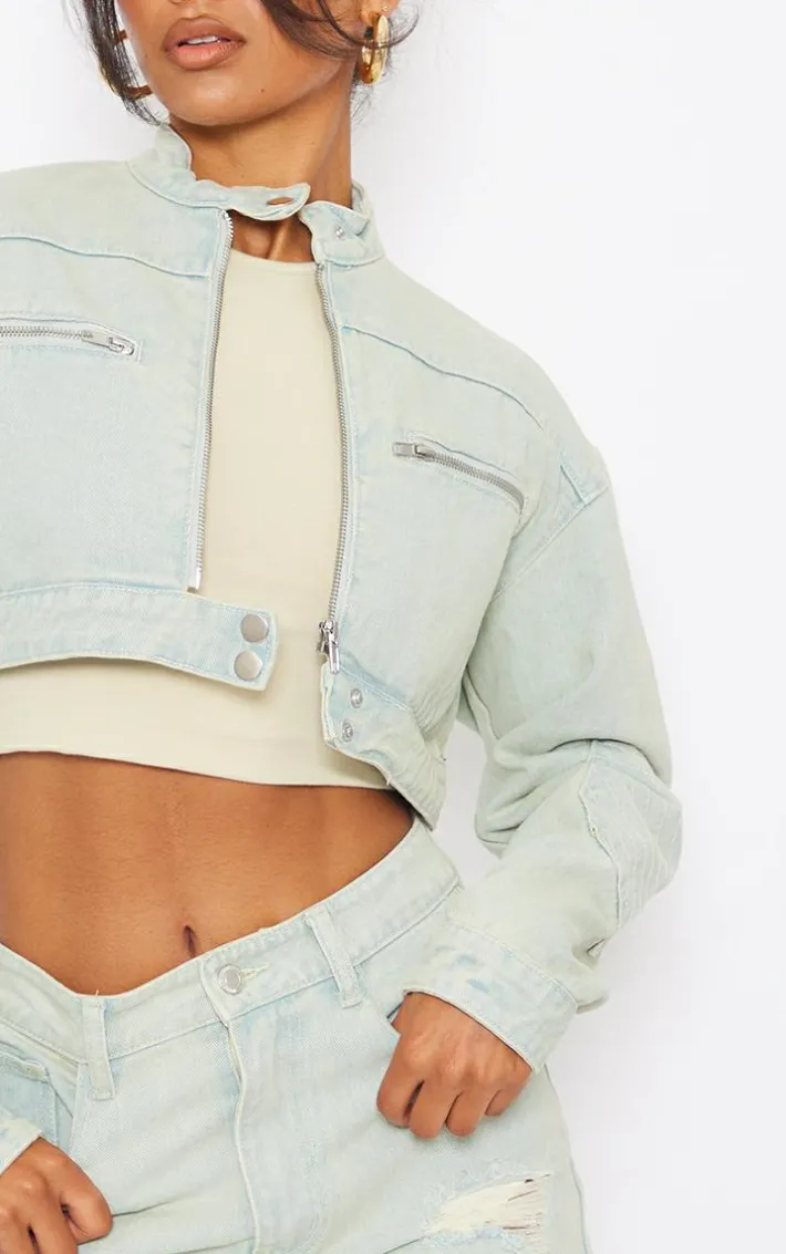 Ice Blue Vintage Wash Biker Detail Cropped Denim Jacket
