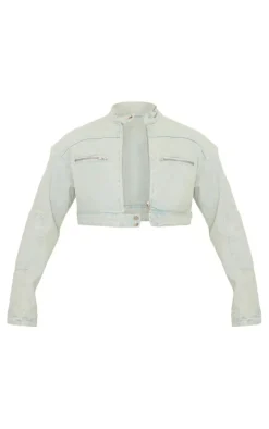 Ice Blue Vintage Wash Biker Detail Cropped Denim Jacket