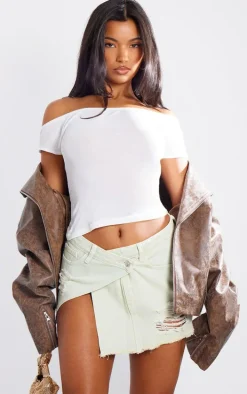 Ice Blue Vintage Wash Distressed Cross Over Denim Mini Skirt